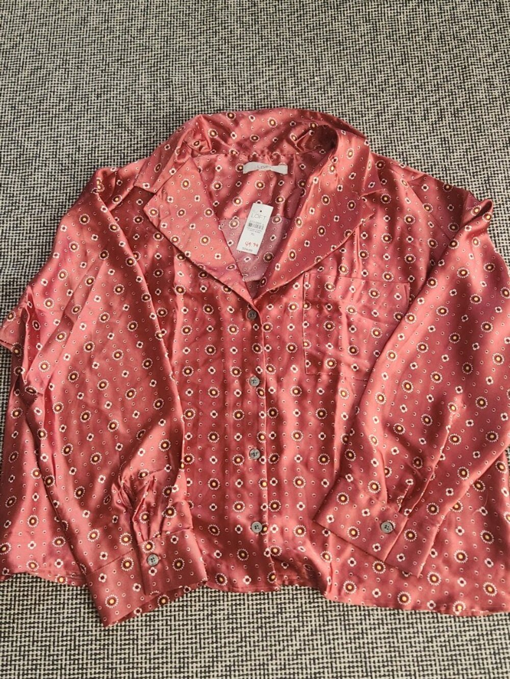 LOFT Silky feel Geo Print Long Sleeve Button Down Blouse Top Womens XL NWT